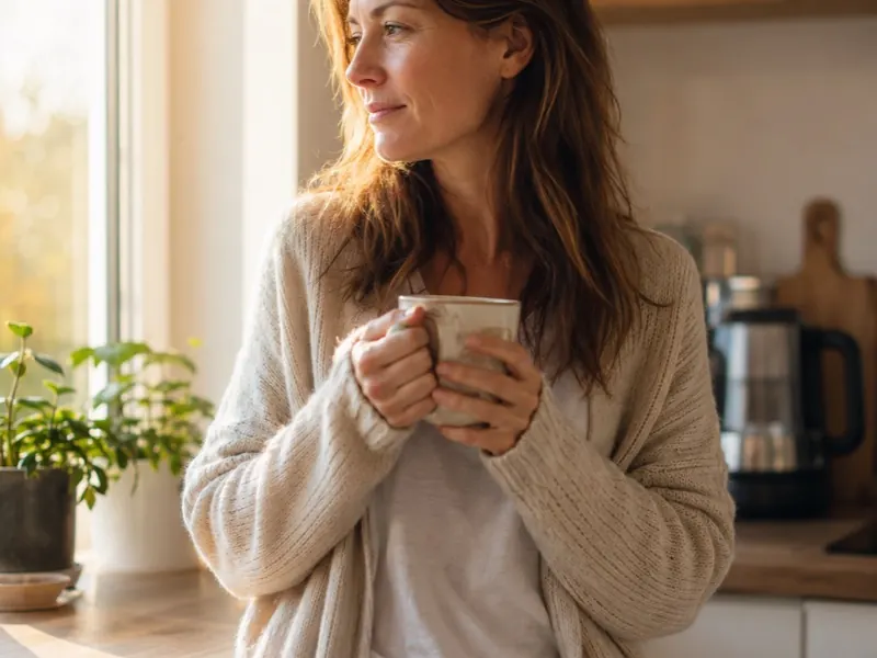 A woman holding a mug by a sunny kitchen window