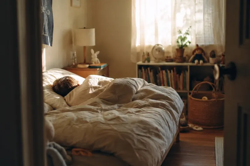 Someone fast asleep under a comforter in a quiet bedroom